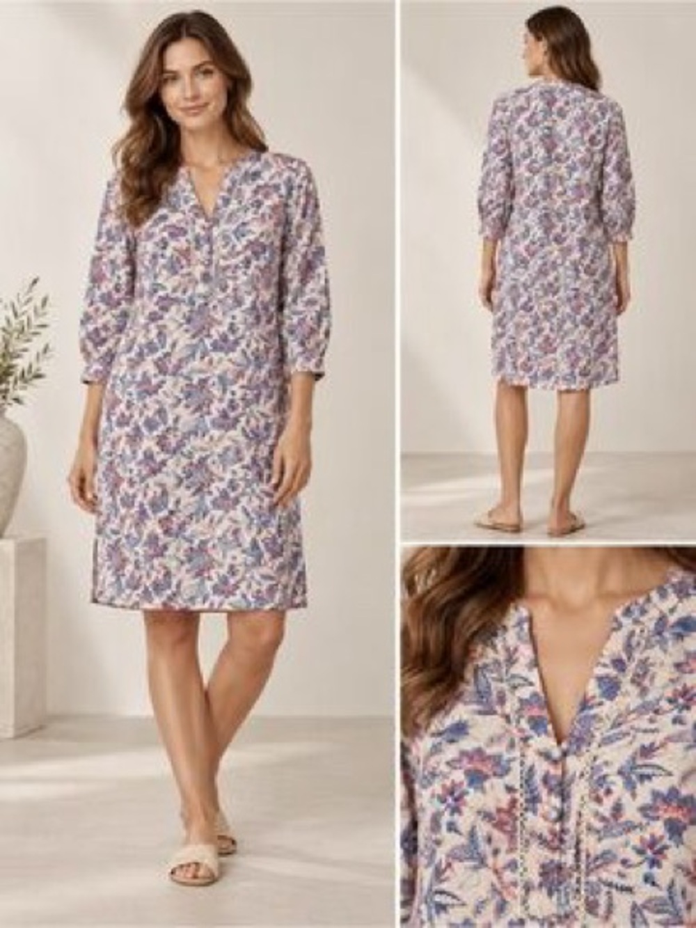 J. McLaughlin White Floral Long Sleeve Tunic Dress with Blue & Pink Print